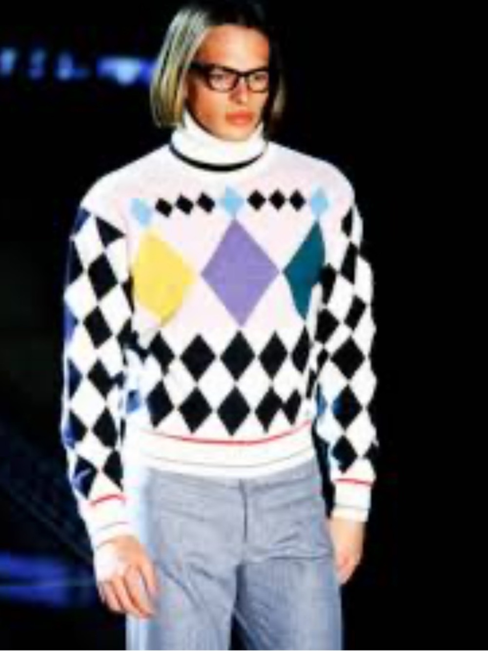Gianni Versace Vintage 1990 White Argyle Pattern Men’s Turtleneck Sweater